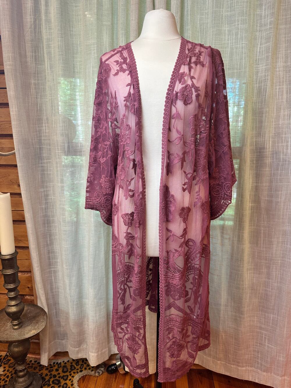 She & Sky M/L Mauve Embroidered Floral Lace Mesh Long Duster Kimono